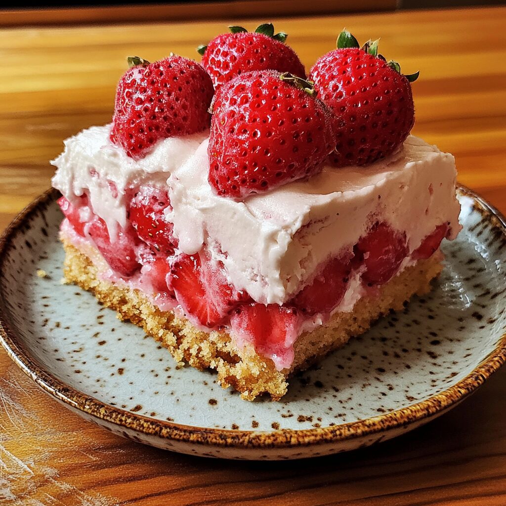 Strawberry Icebox Cake served on a plate in natural light