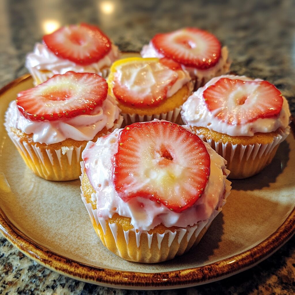 Strawberry Lemonade Cupcakes served on a plate in natural light