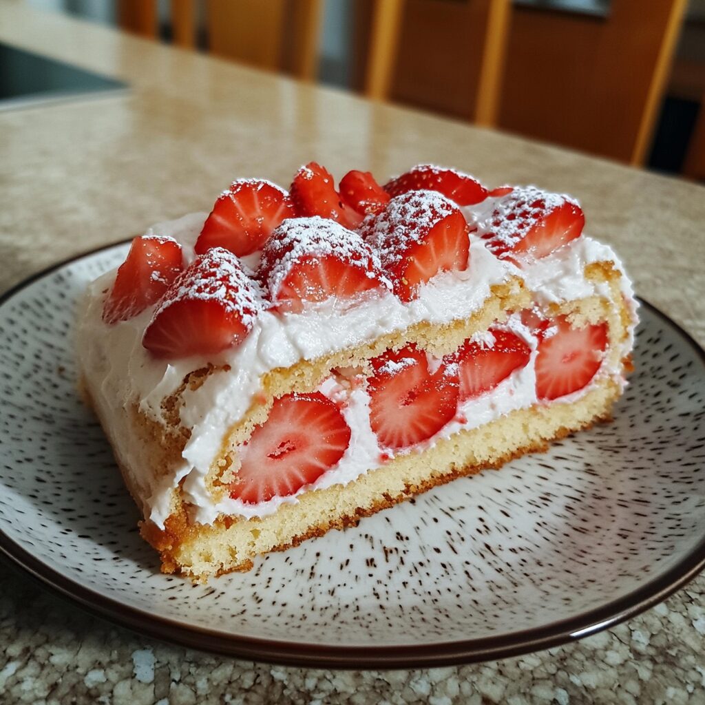 Strawberry Roll Cake served on a plate in natural light