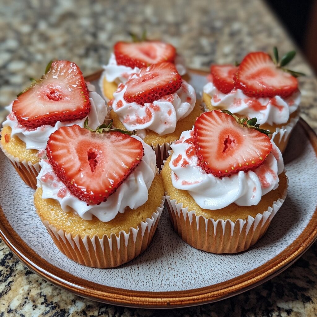 Strawberry Shortcake Cupcakes served on a plate in natural light