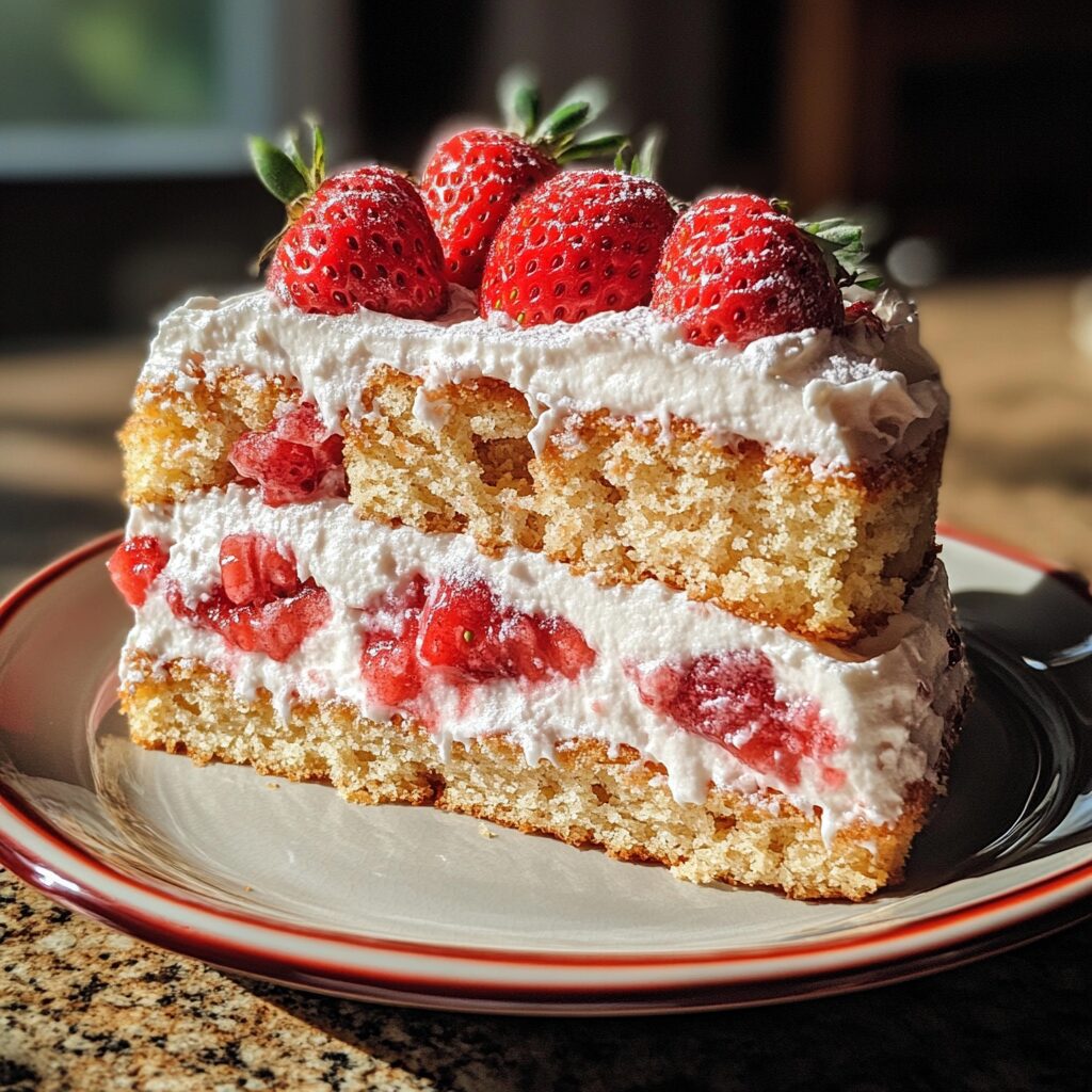 Strawberry Shortcake cake served on a plate in natural light