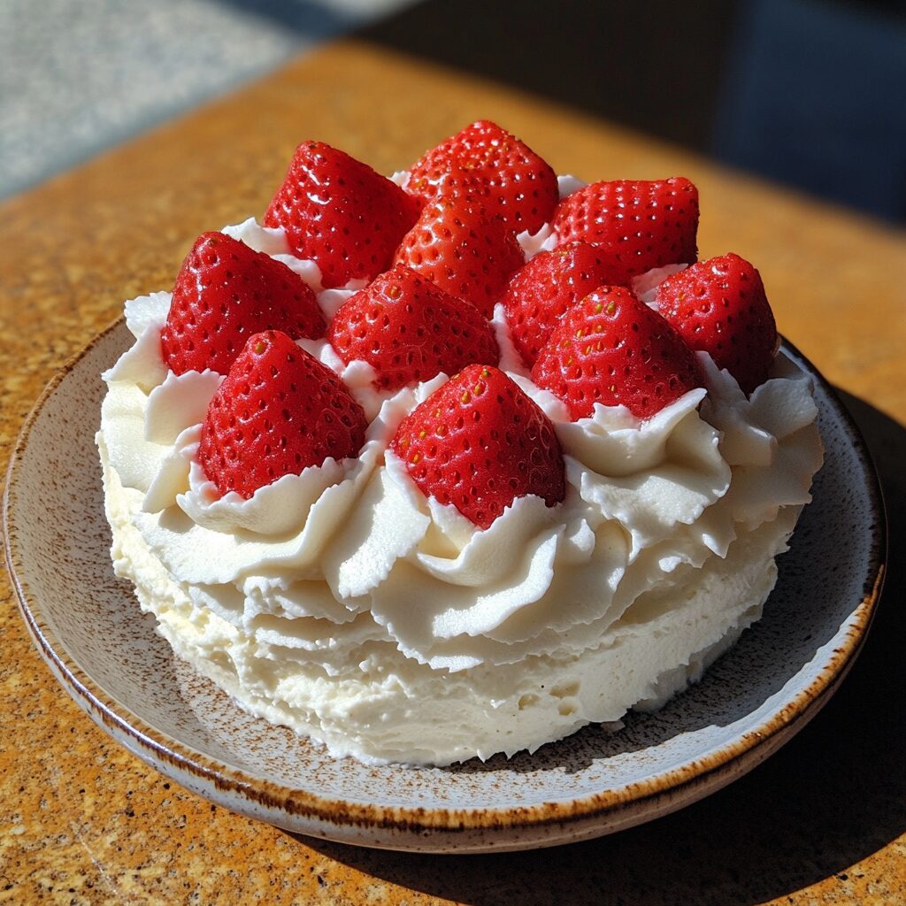 Strawberry Whipped Cream Cake served on a plate in natural light