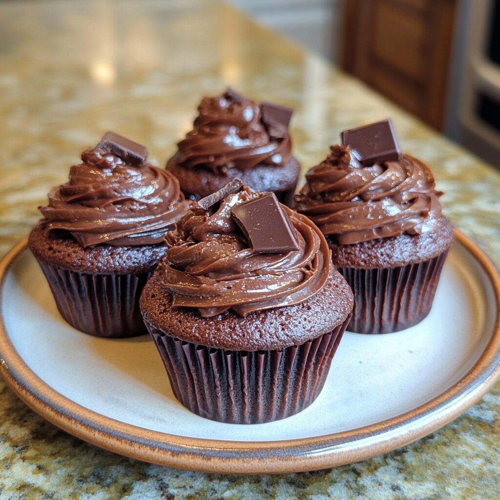 The Best Chocolate Cupcakes served on a plate in natural light