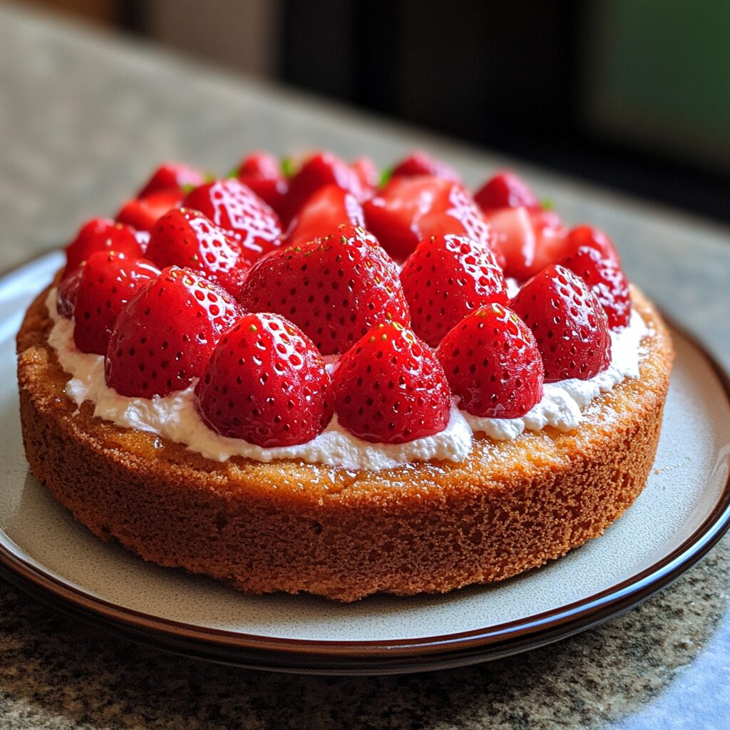 The Best Strawberry Cake Ever served on a plate in natural light