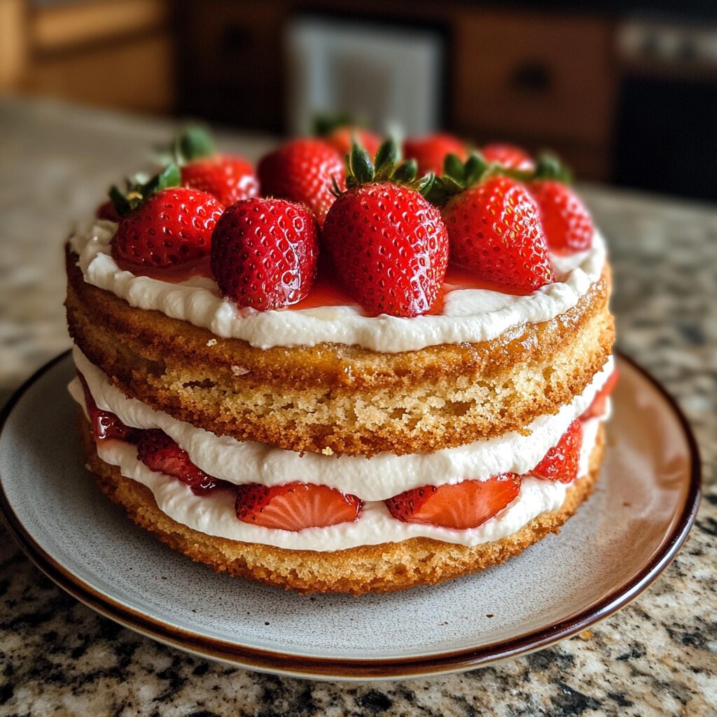 The Best Strawberry Shortcake Cake served on a plate in natural light
