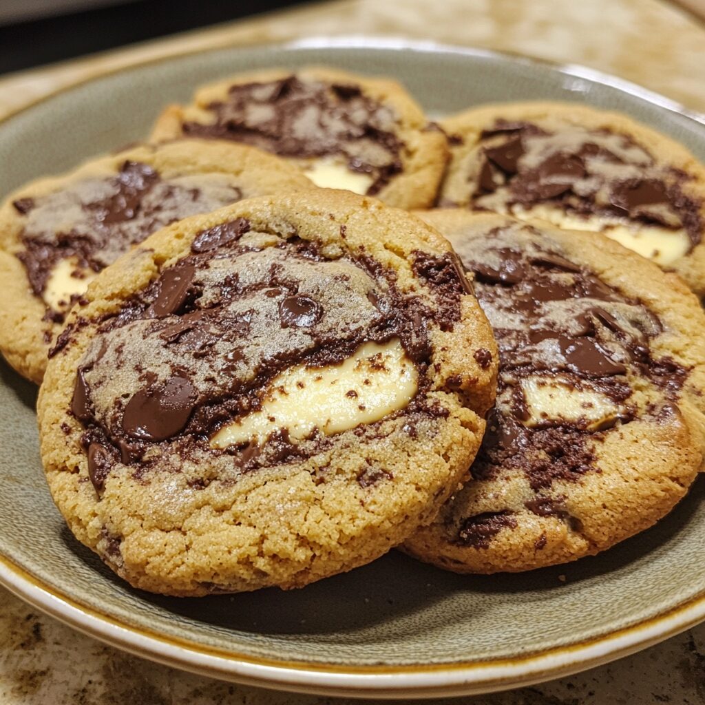 The Ultimate Cheesecake Stuffed Chocolate Chip Cookies in 8 Steps served on a plate in natural light