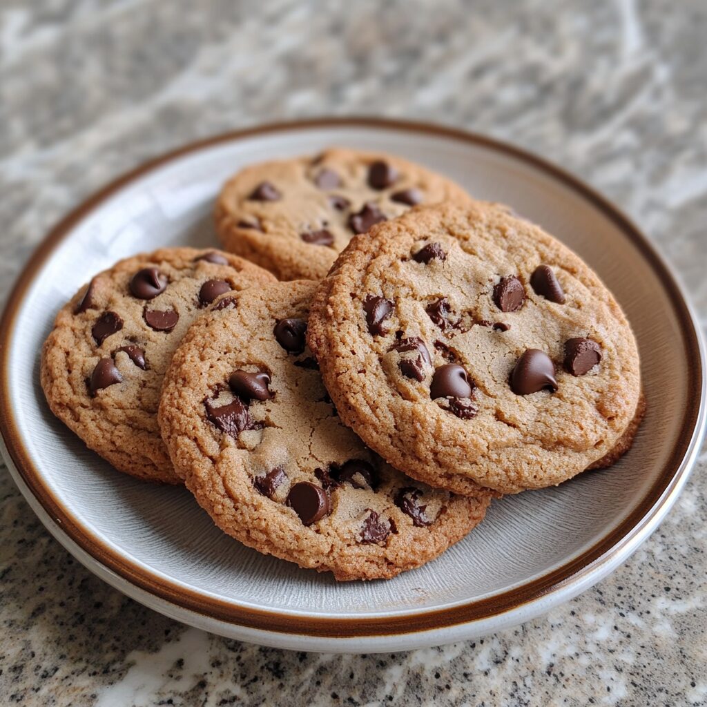 Ultra Thick Bakery Style Chocolate Chip Cookies served on a plate in natural light