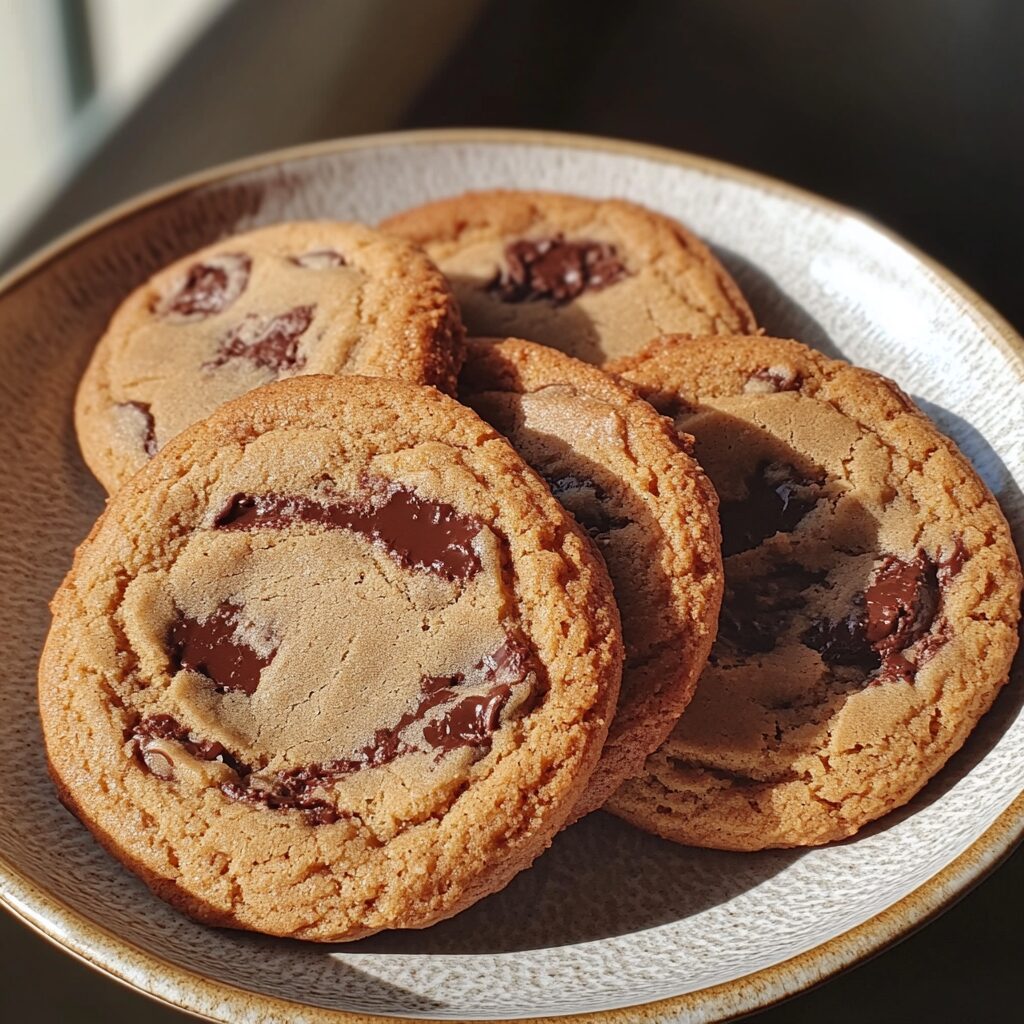 Ultra Thick & Chewy Chocolate Chip Cookies served on a plate in natural light