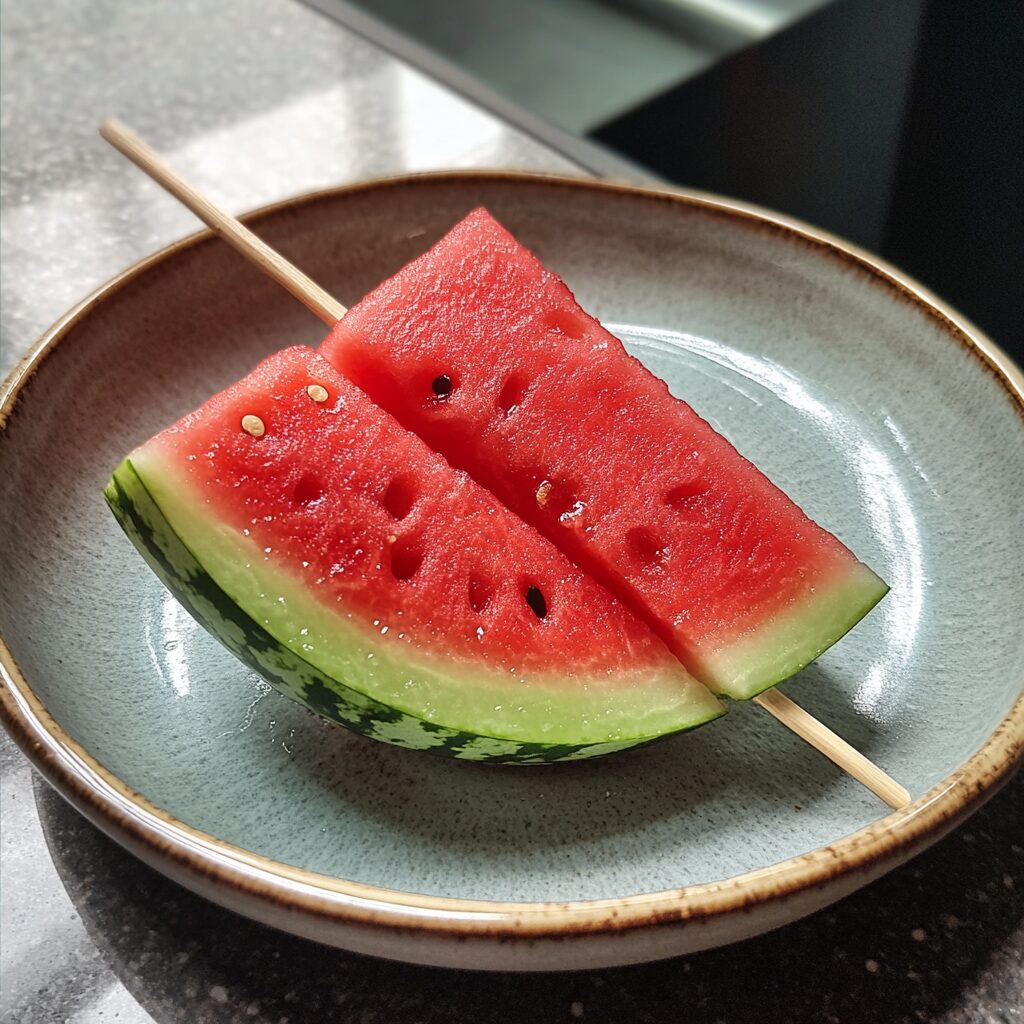 Watermelon on a Stick served on a plate in natural light