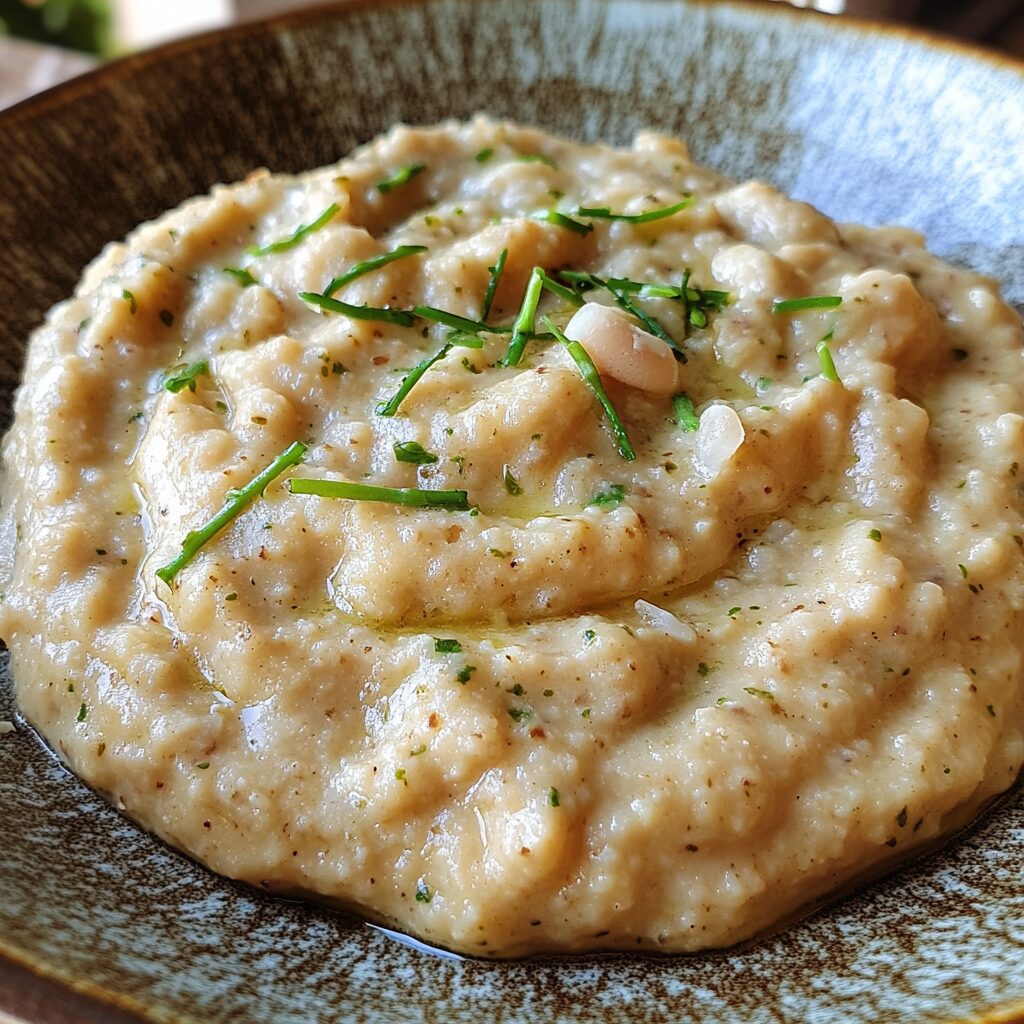 White Bean and Garlic Scape Dip served on a plate in natural light