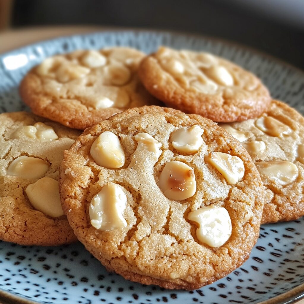 White Chocolate Macadamia Nut Cookies served on a plate in natural light