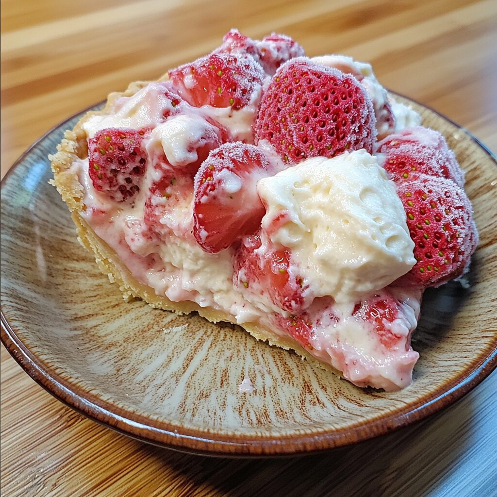 frozen strawberry cream pie served on a plate in natural light