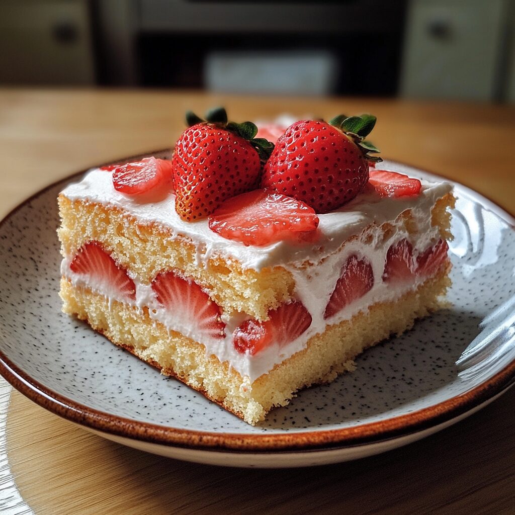 Japanese Strawberry Sponge Cake Recipe served on a plate in natural light